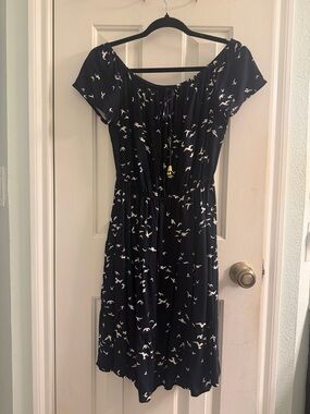 Indigo Navy Blue Off-Shoulder Midi Dress with White Bird Print